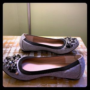 Grey, black Tweed Flats w/ stone detail on toes.